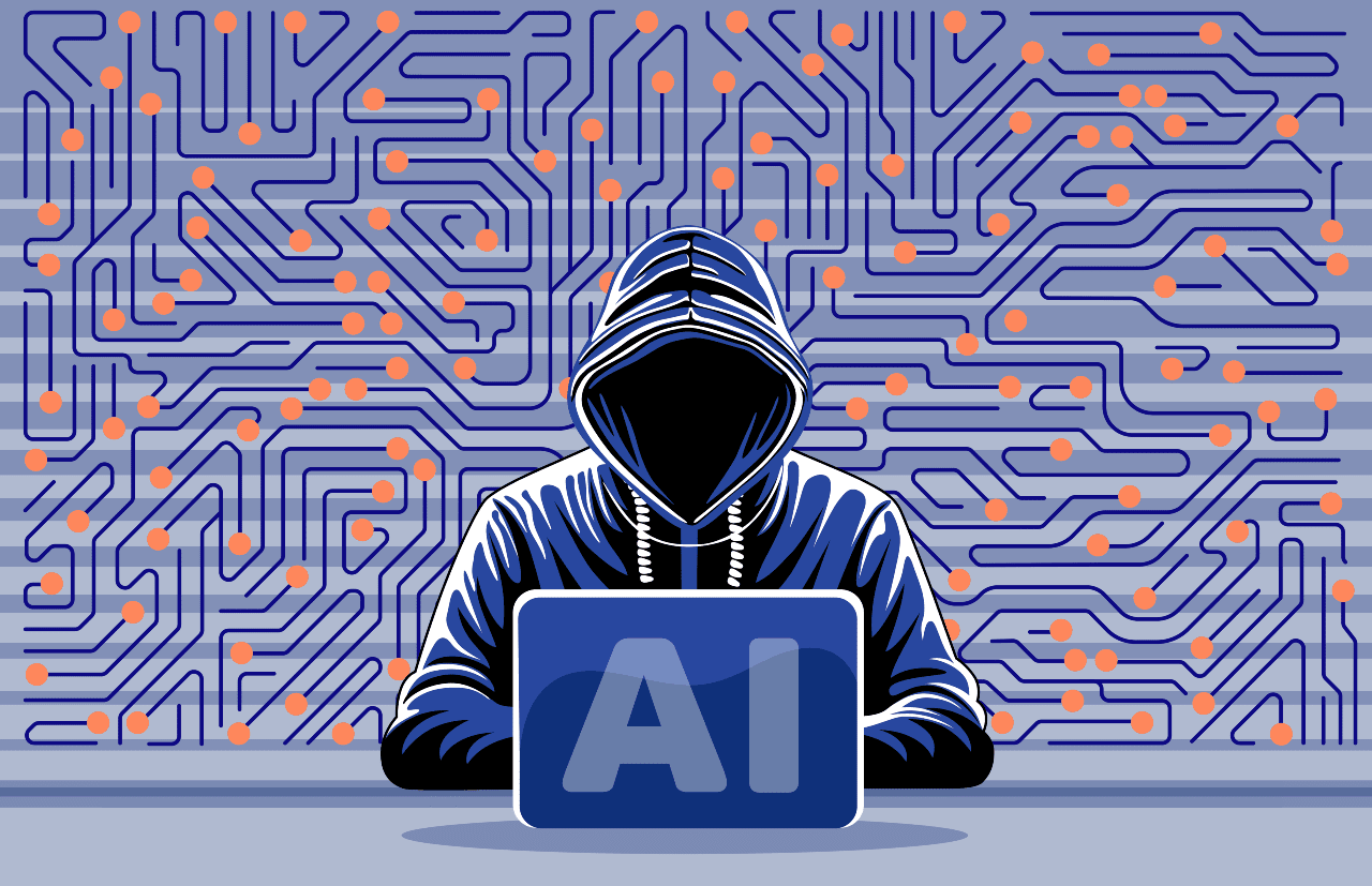 Design of fraudster sitting in front of laptop screen